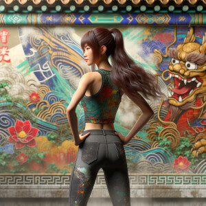 Athletic Thin skinny Attractive, Asian teenage girl, long brown hair and bangs, wearing tight skinny jeans and a halter top paint marks on her clothing, heroic pose Asian graffiti background, backside view