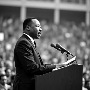 "Standing resolutely at the podium, Martin Luther King Jr. addre...