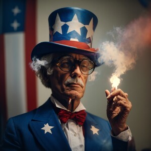 Uncle Sam wearing glasses looks down in disappointment, holding...