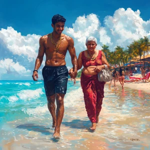 A toned young Indian man, glistening with sweat, enjoys a vibran...