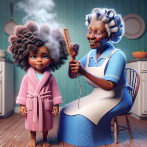 Create a realistic 3-D image of an african-American grandmother wearing a blue house dress and a white apron . She is in the kitchen with her african-American granddaughter. Her granddaughter is wearing a pink bath robe. The grandmother has a hot comb in her hand and she is straightening her granddaughters hair. One side of her granddaughters hair is in  a Afro the other straight 
There is smoke coming from the hot comb
The granddaughter is making a face as if to say grandma that hurt