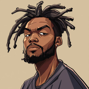 Create a funny cartoon like African American male with dreads go...