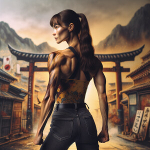 Athletic Thin skinny Attractive, Asian teenage girl, long brown hair and bangs, wearing tight skinny jeans and a halter top paint marks on her clothing, heroic pose Asian graffiti background,  backside view