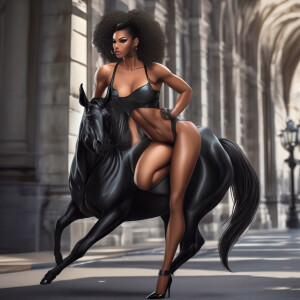 A beautiful very muscular female centaur anthro with black latex...