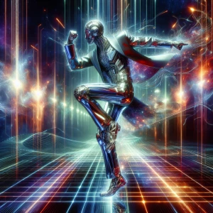 In a mesmerizing display of neon-lit holographic extravagance, a charismatic figure dances on stage surrounded by a symphony of digital visuals. This vivid scene is captured in a hyper-realistic acrylic painting, with each pixel-painted detail exuding an otherworldly glow. The performer's sleek, metallic suit reflects the pulsating lights, while their electrifying movements seem to defy gravity. The overall image is a masterful blend of futuristic technology and artistic skill, immersing viewers in a virtual concert experience like no other.