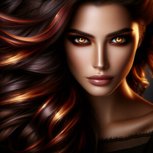 Head shot of a beautiful woman with bright golden eyes and long...