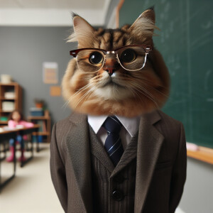 A cat that looks like a teacher, smiling