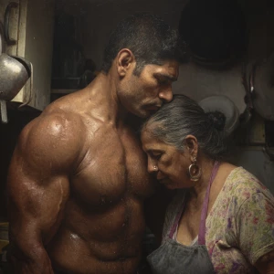 Hyperrealistic painting.a muscular sweaty indian man standing...