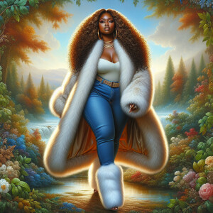 Craft a 4K glossy oil painting portraying a regal, plus-size Afr...