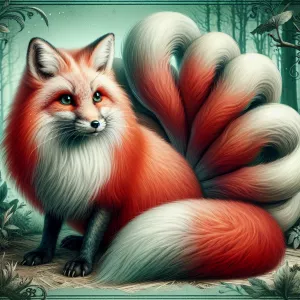 Create an image of a nine-tailed fox displaying realistic pregna...