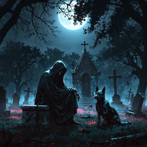 Create a realistic photo-style image of the Grim Reaper seated s...