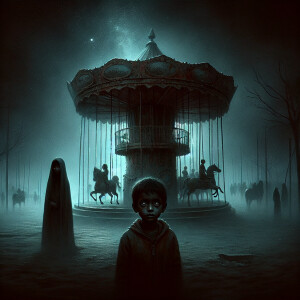 Night. An abandoned rusty carousel. There is a boy standing next...