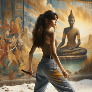 Athletic Thin skinny Attractive, Asian teenage girl, long brown hair and bangs, wearing tight skinny jeans and a halter top paint marks on her clothing, heroic pose Asian graffiti background,  backside view