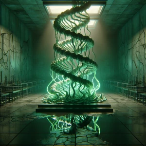"In a dimly lit laboratory, a grotesque double helix rises, puls...