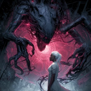 Photorealistic lucid nightmare Grimdark horror fantasy. A white...