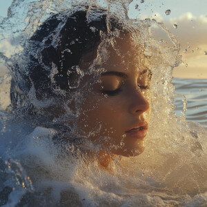A woman’s face merging with the ocean, her hair turning into rea...