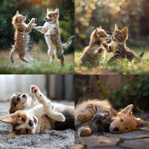Cute cat and dog playing happily