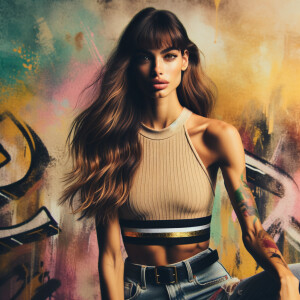 Athletic Thin skinny Attractive, Asian teenage girl, long brown hair and bangs, wearing tight skinny jeans and a halter top paint marks on her clothing, heroic pose Asian graffiti background, backside view