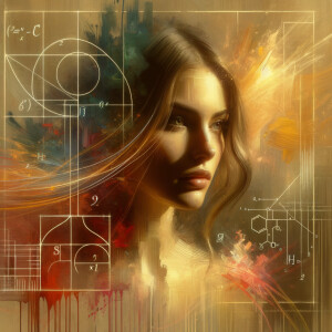 Abstract, minimalist, art cardiogram, charts complex, mathematical formulas, spontaneous lines, and paint marks, paint in hair, golden ratio