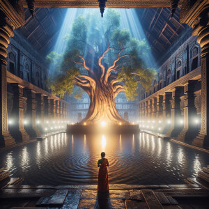 A large glowing tree surrounded by water is located inside templ...