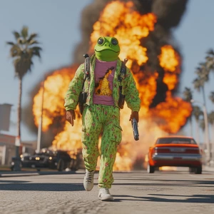 PEPE meme.walking away from cars exploding, 90's clothing, holdi...