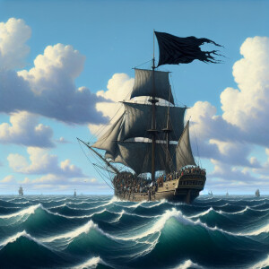A ship with people moored to another empty ship with a black rav...