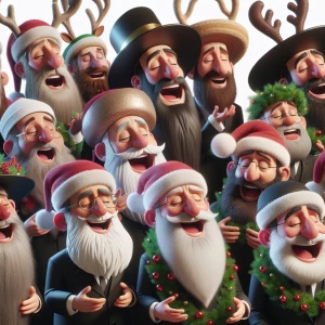 A chorus of animated the rabbis singing Christmas carols, each d...