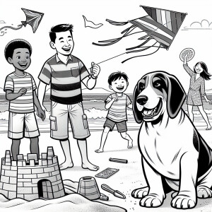 Create a coloring page scene on the beach with a basset hound a...