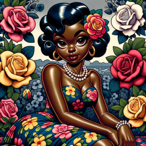 An illustrated  African-American, Betty Boop with exaggerated features reminiscent of vintage pin-up art. The character has large, expressive eyes, short wavy black hair, and is wearing a colorful, floral-print dress with a deep blue background and tropical flowers in vivid colors like yellow, pink, and red. She's seated with one hand resting gently beside her, wearing a pearl necklace and gold hoop earrings. The background is filled with lush roses in shades of pink and red.