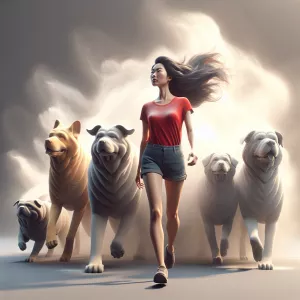 A whimsical, lanky woman confidently walks with six massive dogs...
