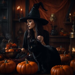 Photorealistic image. Beautiful witch brewing up some trouble. B...