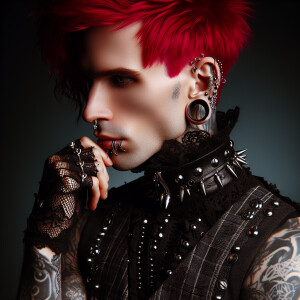 A red haired Gothic Man with piercings and Gothic tattoos
