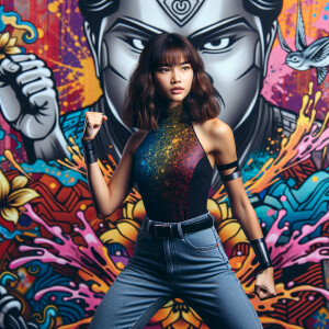 Athletic Thin skinny Attractive, Asian teenage girl, long brown hair and bangs, wearing tight skinny jeans and a halter top paint marks on her clothing, heroic pose Asian graffiti background