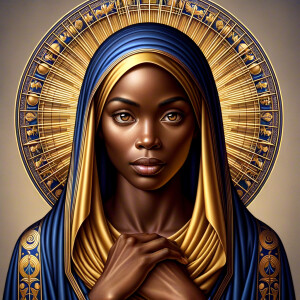 Create a beautiful African-American Jesus Christ with Hazel, brown eyes and blue and gold robe