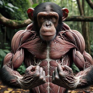 A chimpanzee with both open arms showing the structure of its ve...