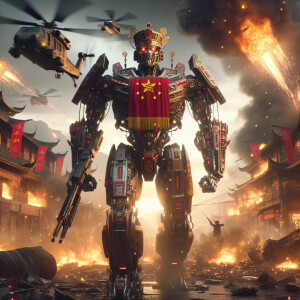 China as a transformer character, adorned with emperor costume a...
