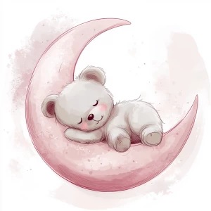 A cute, cartoon teddybear lies on a stylized, rosy-pink crescent moon. The teaddy bear is light gray with large, round, pink-spotted ears.  Its body is round and he has expressive eyes.  its facial expression is happy and friendly. The teddy bears leg and foot are visible, and its posture is relaxed, slumped in the curve of the moon. it's stomach is lying down on the moon with left arm and leg showing hanging down. The moon is a soft, shaded pink, with watercolor-like texture and subtle shading. The background is white. The image is in a child-friendly style, showcasing delicate line work and color palettes. The composition is centered on the teddy bear which is positioned on the moon, giving the moon a hug with closed eyes. The overall style is sweet, whimsical, and reminiscent of children's book illustrations.  The colors are pastel and soothing, creating a gentle atmosphere.