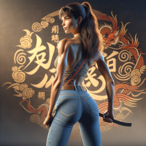 Athletic Thin skinny Attractive, Asian teenage girl, long brown hair and bangs, wearing tight skinny jeans and a halter top paint marks on her clothing, heroic pose Asian graffiti background, backside view