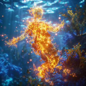 Create a dynamic scene of sea moss glowing underwater, emitting...