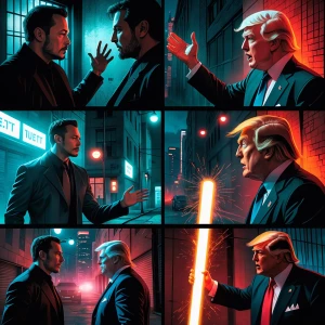 A dramatic comic book-style showdown between Elon Musk and Donal...