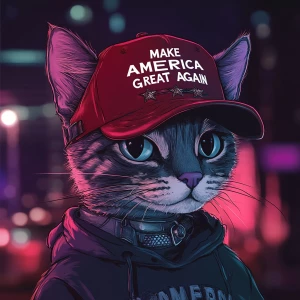 A humanoid cat character wearing a red baseball cap with "MAKE A...
