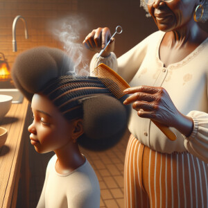 Create a realistic 3-D image of an african-American grandmother in the kitchen with her african-American granddaughter. The grandmother has a hot comb in her hair and she is straightening her granddaughters hair. One side of her granddaughters hair is in  a Afro the other is bone straight 
There is smoke coming from the hot comb