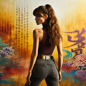 Athletic Thin skinny Attractive, Asian teenage girl, long brown hair and bangs, wearing tight skinny jeans and a halter top paint marks on her clothing, heroic pose Asian graffiti background, backside view