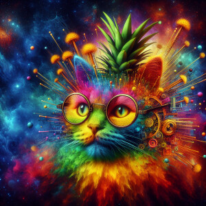 A cat face in the shape of a pineapple with a pineapple crown an...