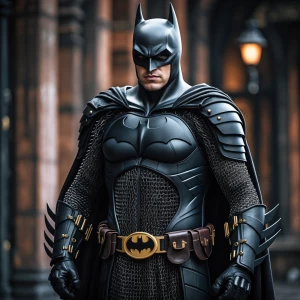 Batman in black armor that resembles medieval scale mail