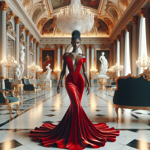A beautiful African-American woman in a red evening gown in an e...