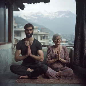 A 34 year old muscular beefy criminal  son-in-law doing yoga  wi...