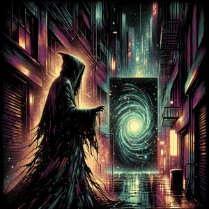 In the eerie, dimly-lit alley stood a mysterious figure - the en...