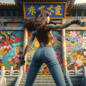 Athletic Thin skinny Attractive, Asian teenage girl, long brown hair and bangs, wearing tight skinny jeans and a halter top paint marks on her clothing, heroic pose Asian graffiti background, backside view