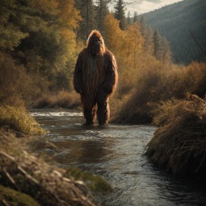 a large very hairy humanoid looking Sasquatch watches from the f...